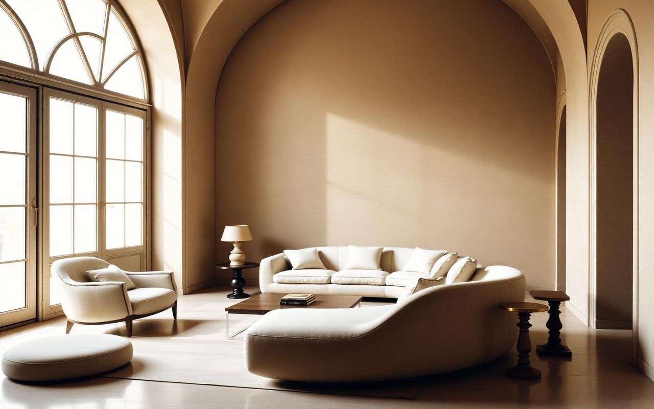 Luxury interior with curved sofa and warm daylight
